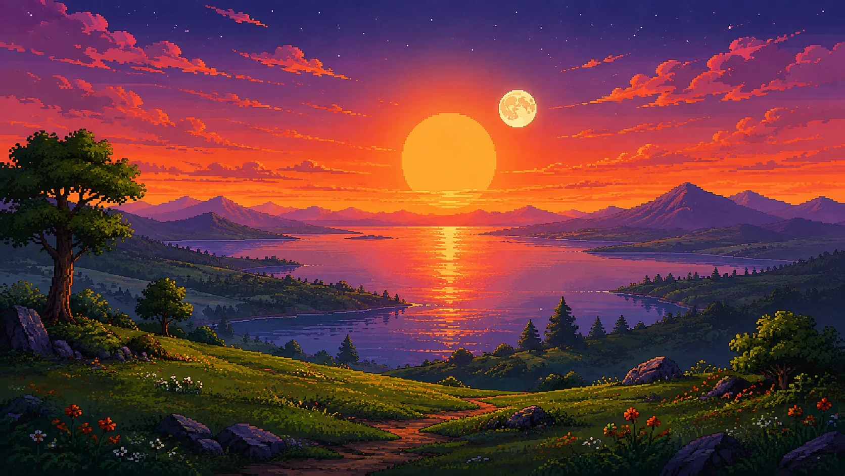 Pixel-art sunset over a lake